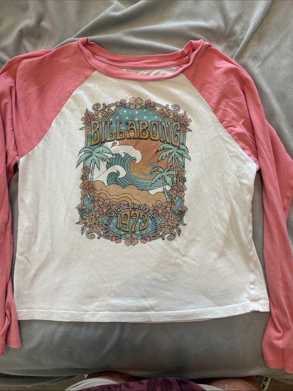 Billabong Pink & White Raglan Surf Graphic Long Sleeve Tee